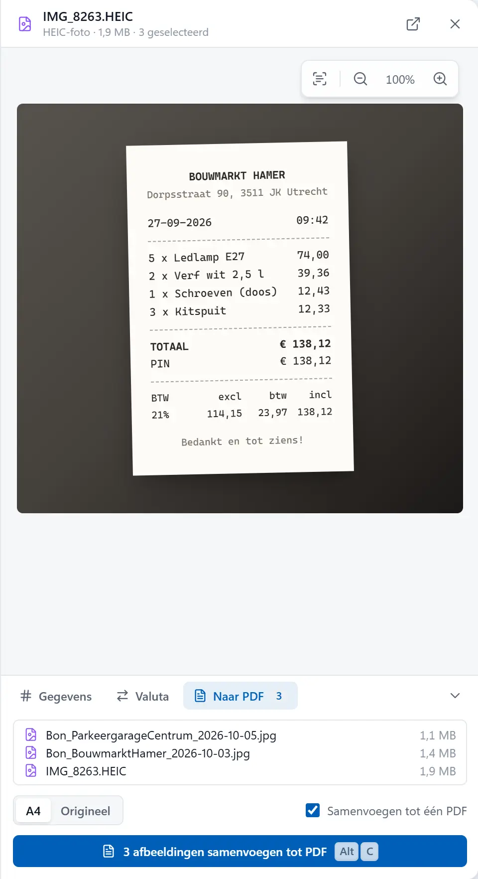 Het tabblad Naar PDF met drie geselecteerde bonnen.