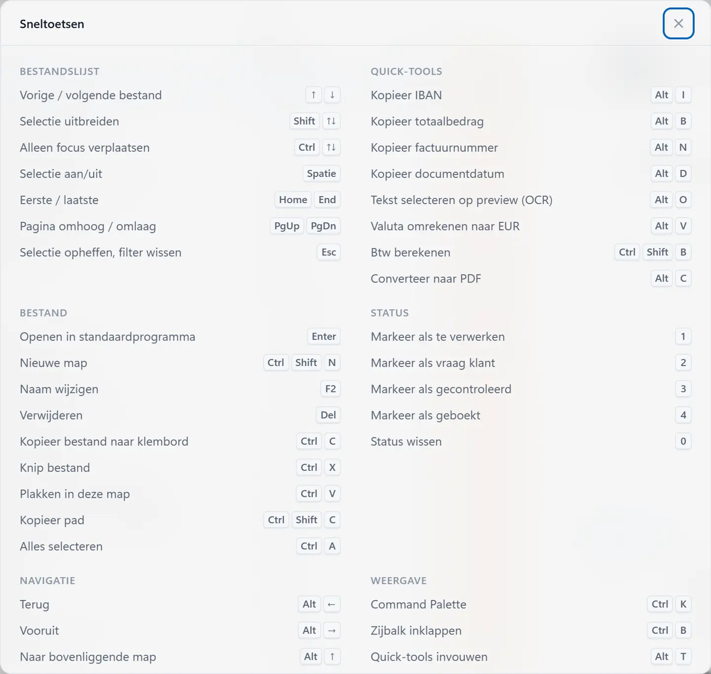 Het overzicht van alle sneltoetsen.