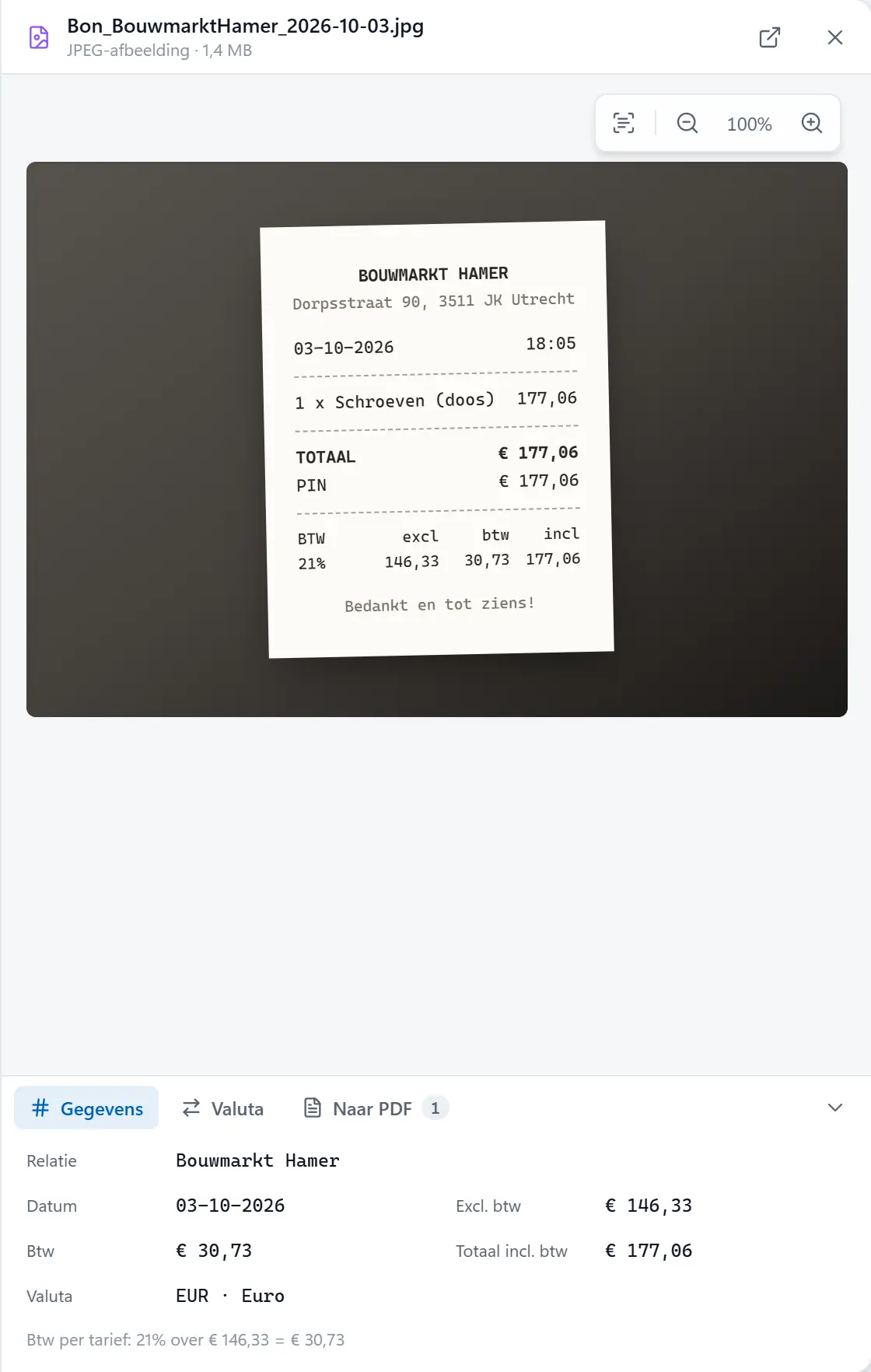Gegevens van een foto van een bon, herkend met Windows OCR.